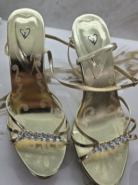 Women's Gold Rhinestone Strappy Heels